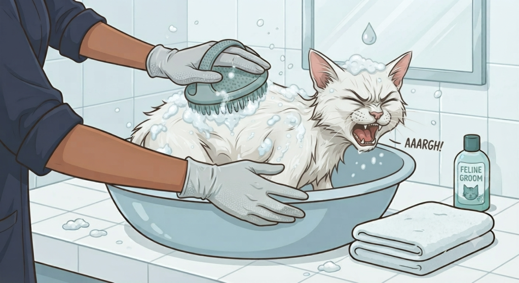 gato bañado