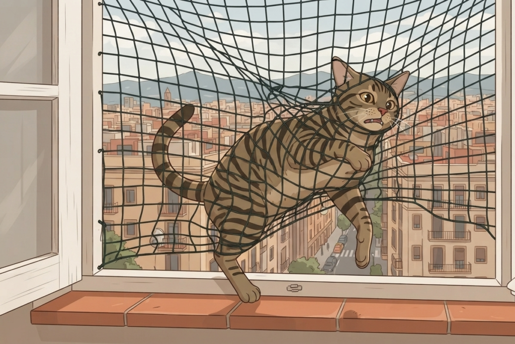 Tipos de redes para gatos: cuál elegir para tu balcón gato jugando con red
